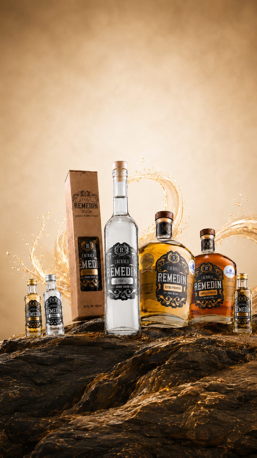 Garrafas Remedin Cachaça com splash dourado