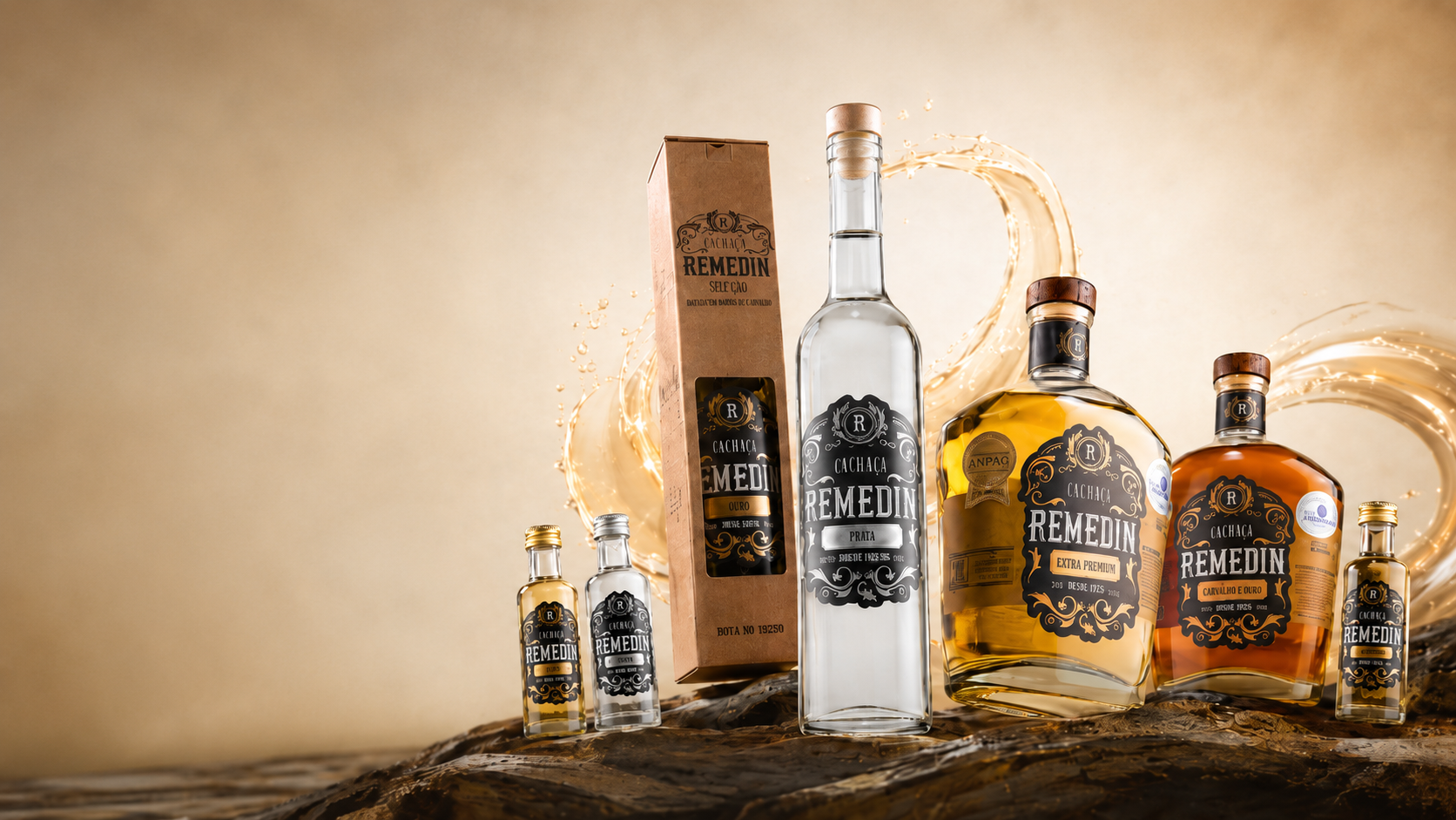 Garrafas Remedin Cachaça com splash dourado